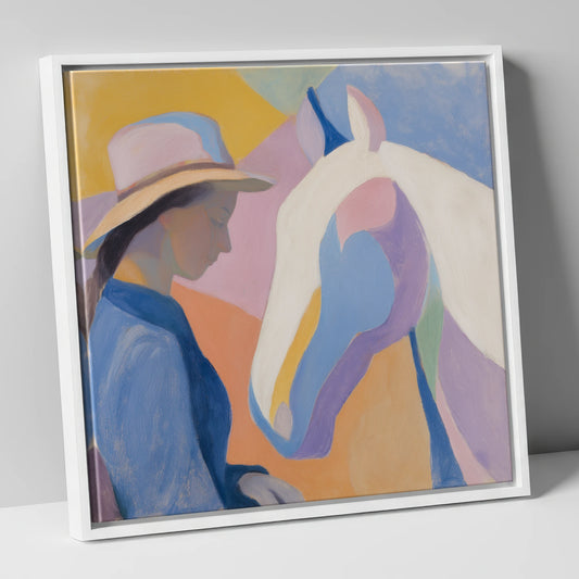 Quiet Harmony horse & rider canvas wall art in white frame