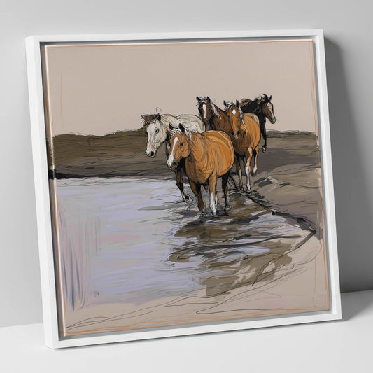 Herd at the Shallows wild horses canvas wall art in white frame