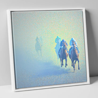 Luminous Morning Chase racing horse canvas wall art in white frame