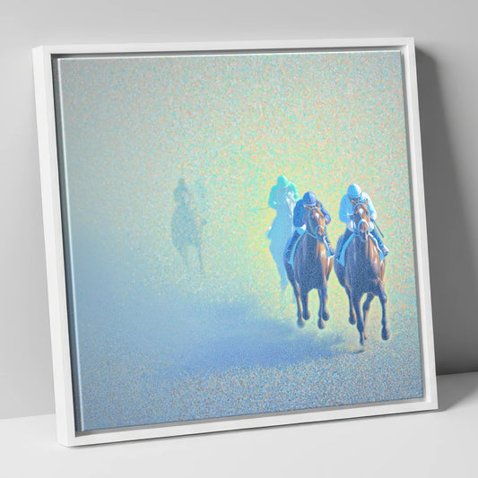 Luminous Morning Chase racing horse canvas wall art in white frame