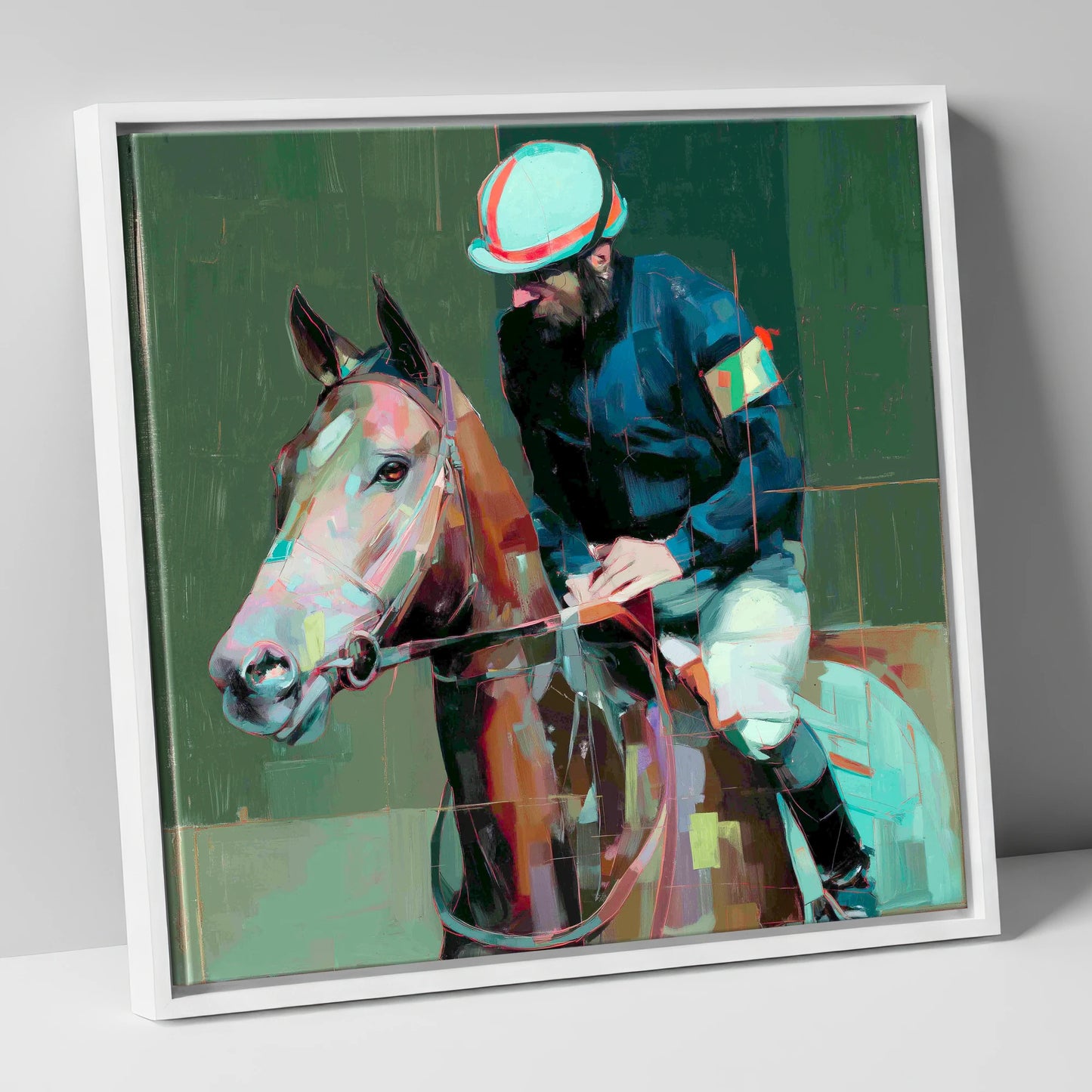 Quiet Intensity racing horse canvas wall art in white frame