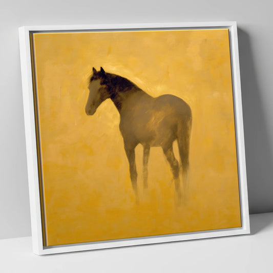 Golden Equine Silhouette horse portrait canvas wall art in white frame