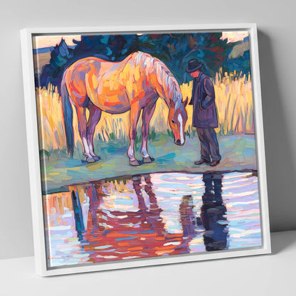Quiet Reflections horse & rider canvas wall art in white frame