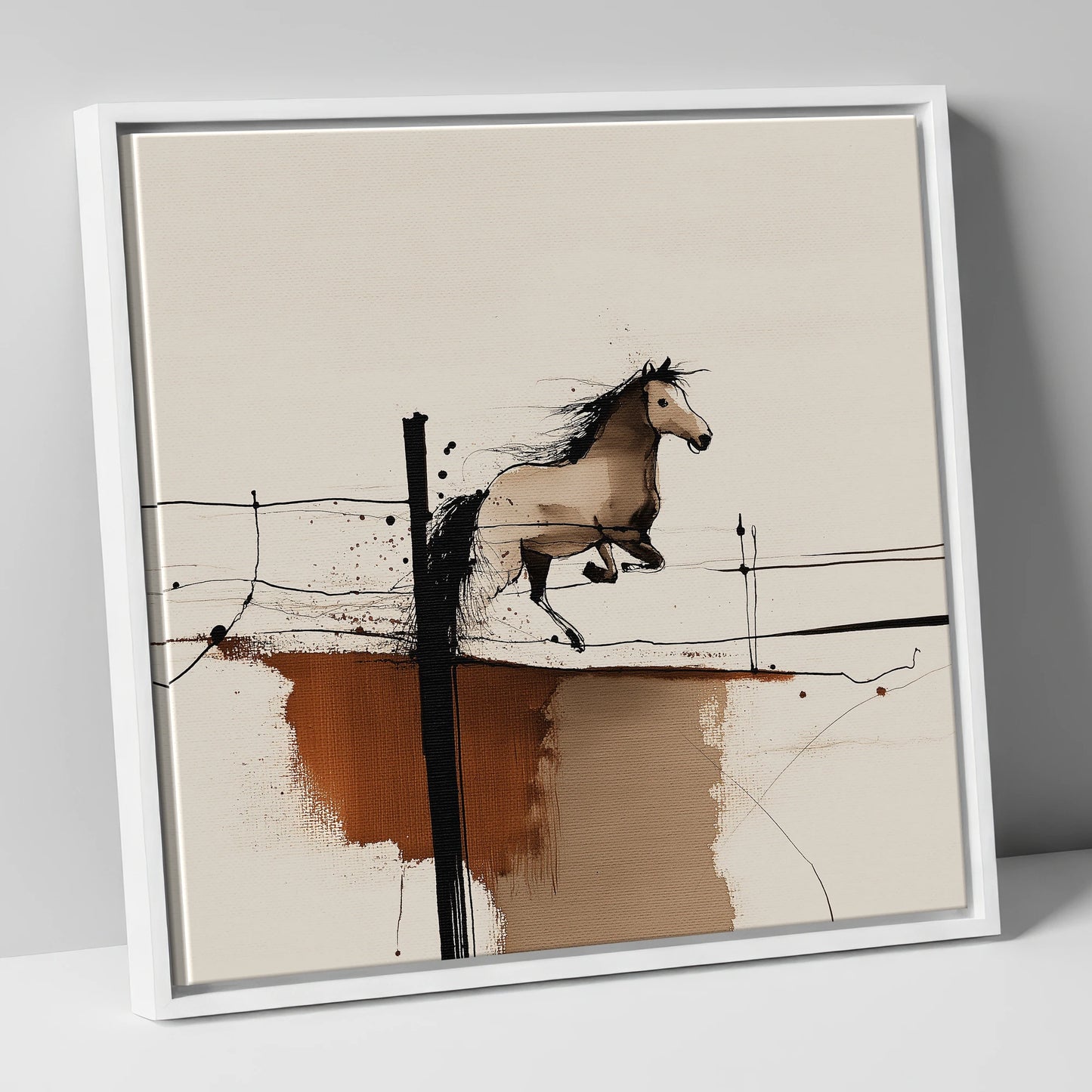 Clearing the Boundary show jumping horse canvas wall art in white frame