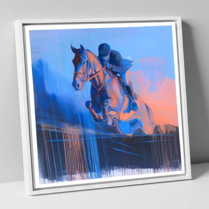 Suspended in Cobalt show jumping horse canvas wall art in white frame