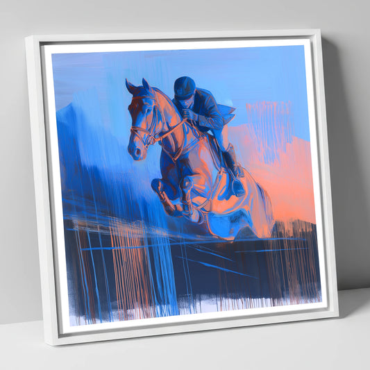 Suspended in Cobalt show jumping horse canvas wall art in white frame