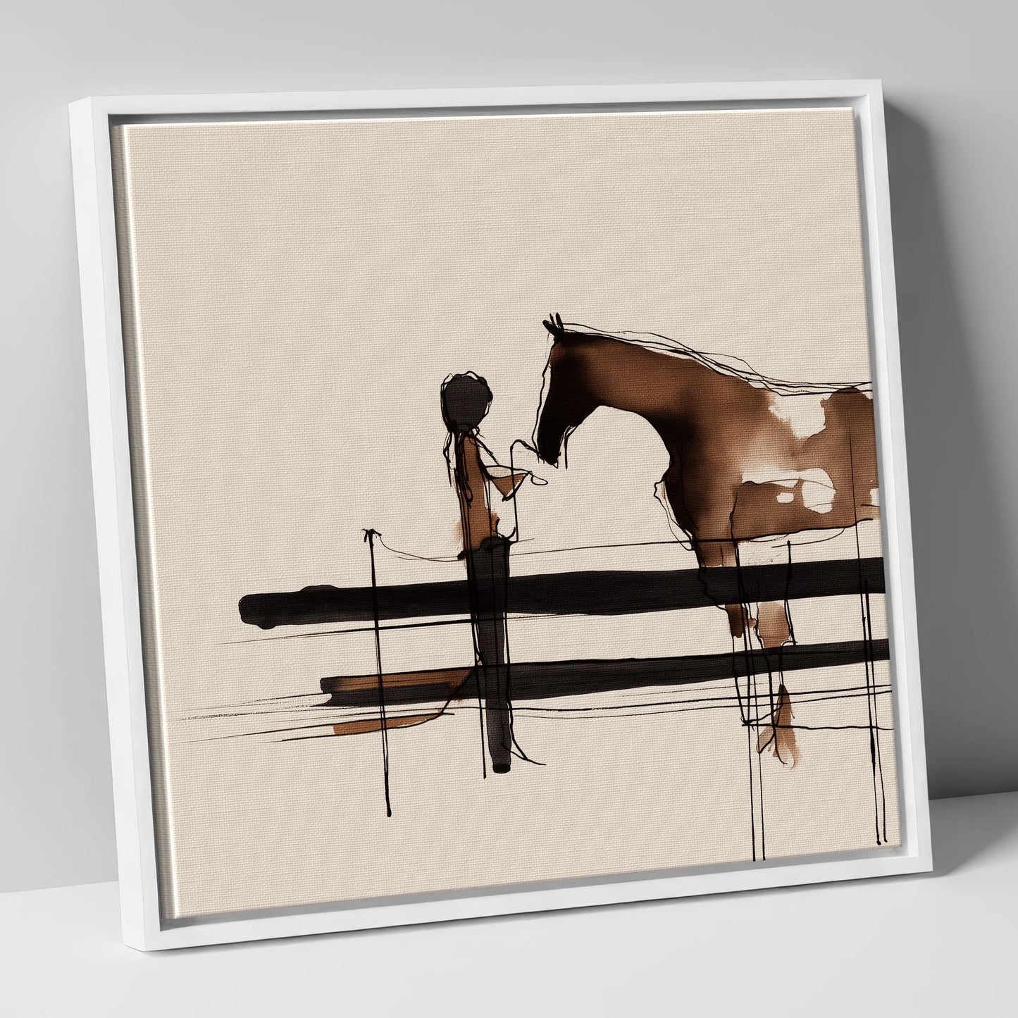 Connection at the Fence horse & rider canvas wall art in white frame