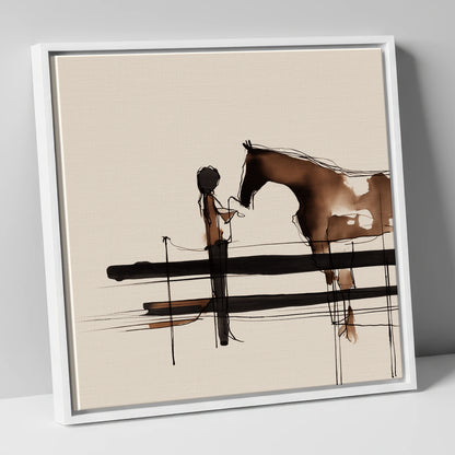 Connection at the Fence horse & rider canvas wall art in white frame