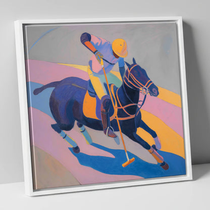 Vibrant Polo Charge polo horse canvas wall art in white frame