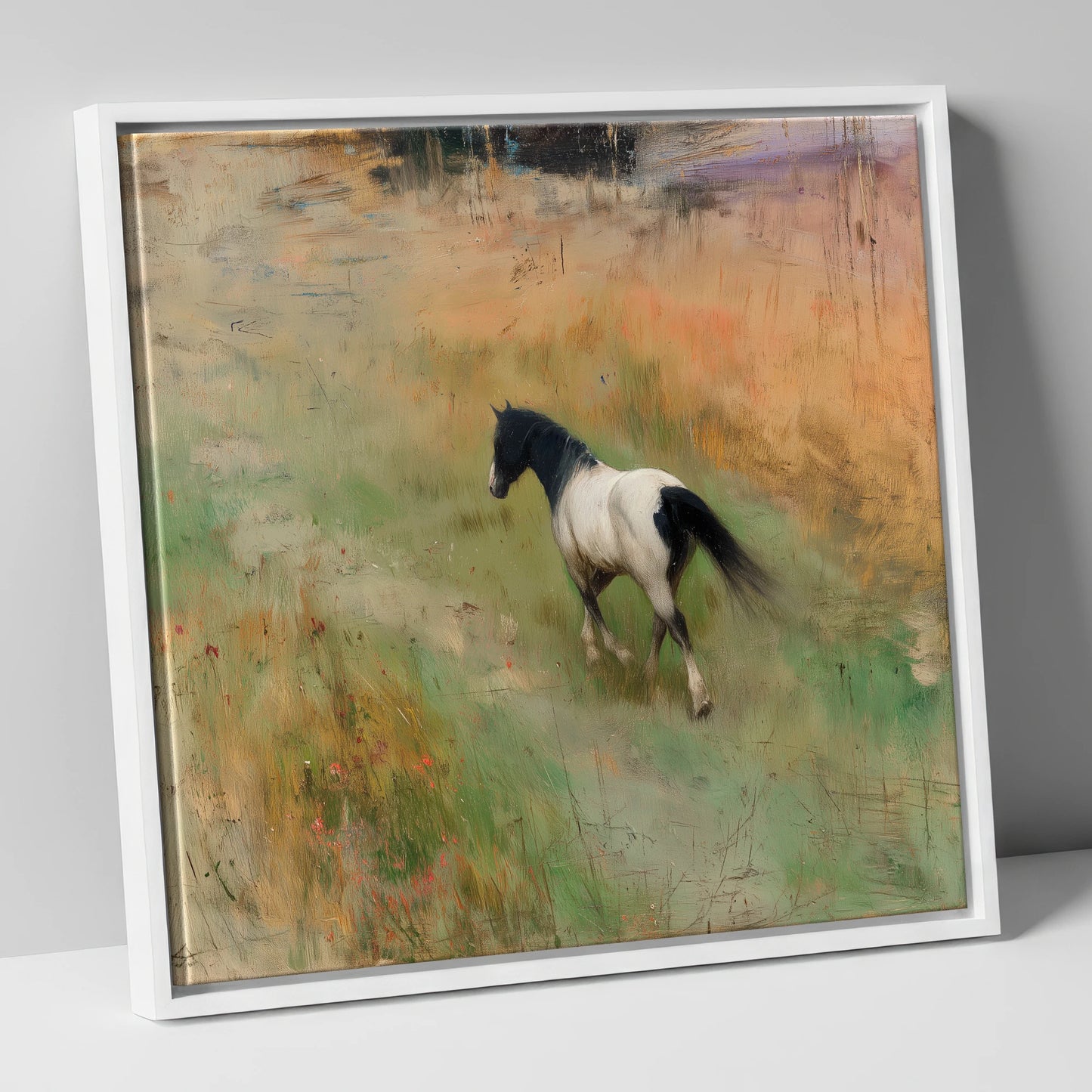 Wandering Piebald horse landscape canvas wall art in white frame