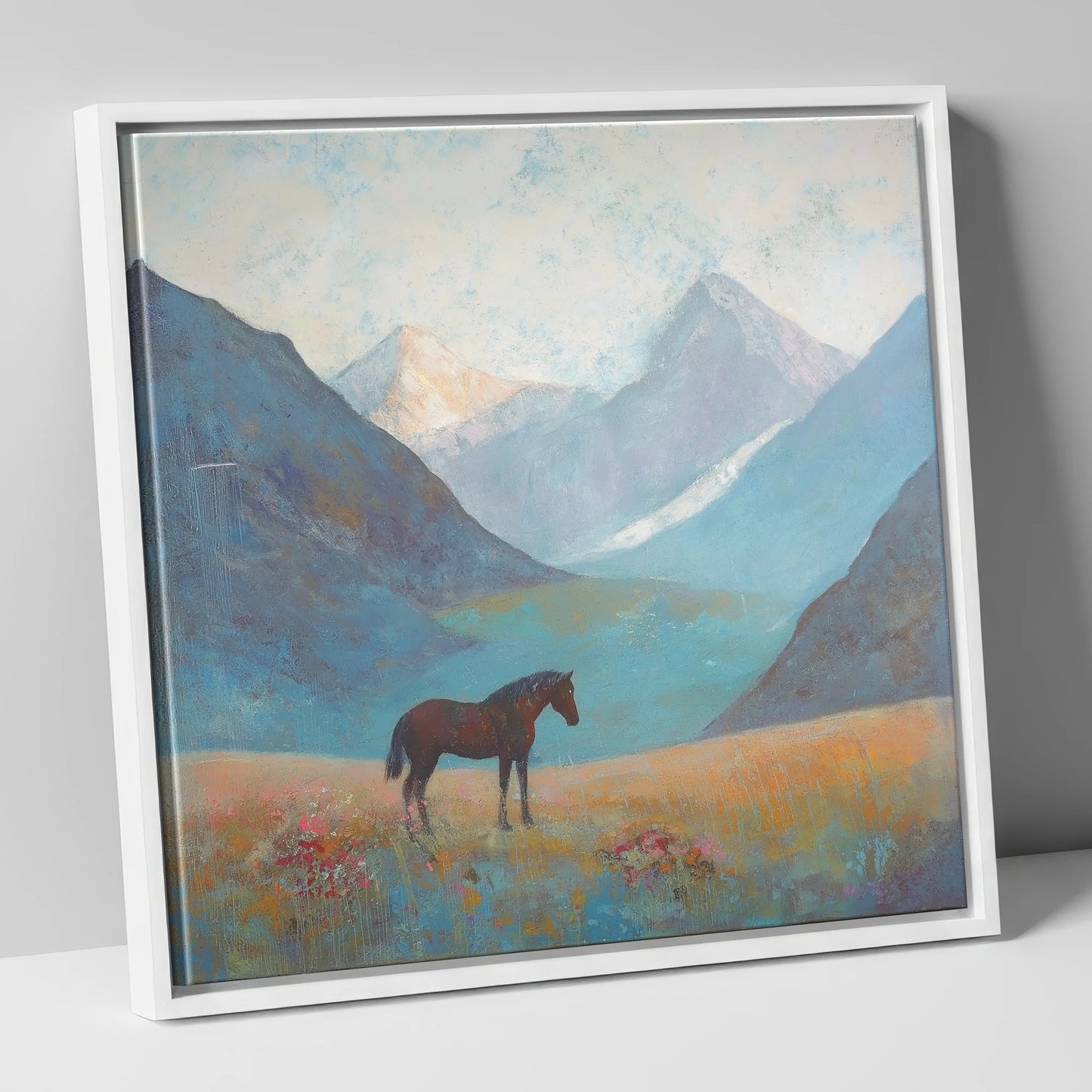 Mountain Solitude horse landscape canvas wall art in white frame