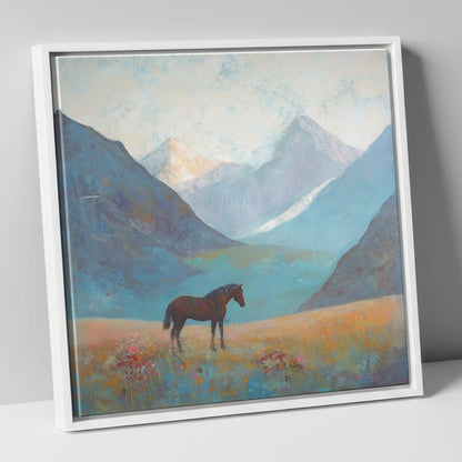 Mountain Solitude horse landscape canvas wall art in white frame