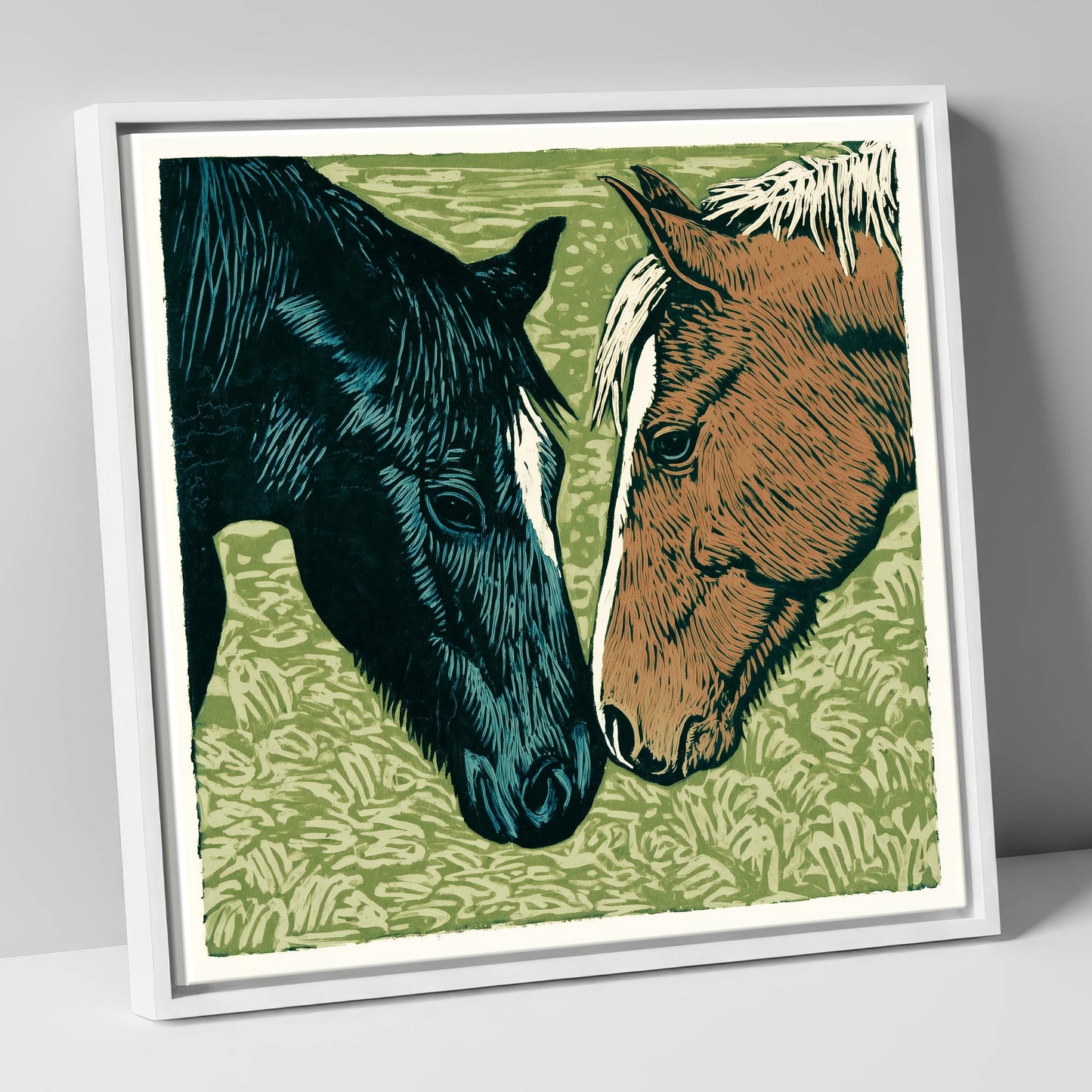 Gentle Greeting horse portrait canvas wall art in white frame