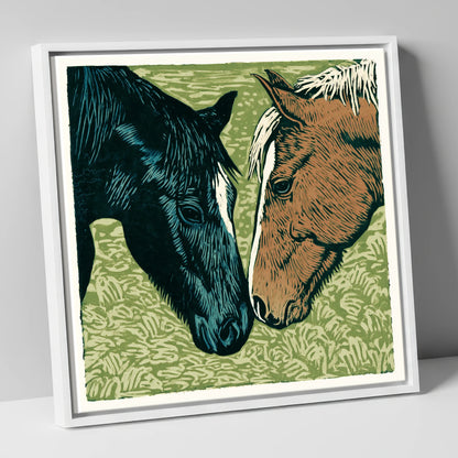 Gentle Greeting horse portrait canvas wall art in white frame