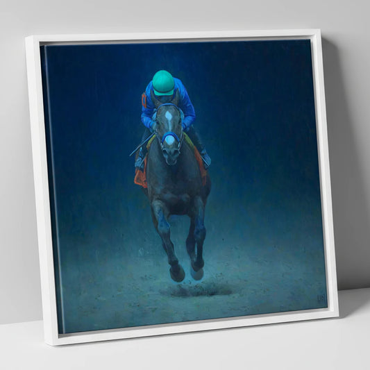 Galloping Racehorse in Indigo Mist racing horse canvas wall art in white frame