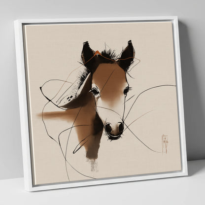 Curious Sepia Foal horse portrait canvas wall art in white frame