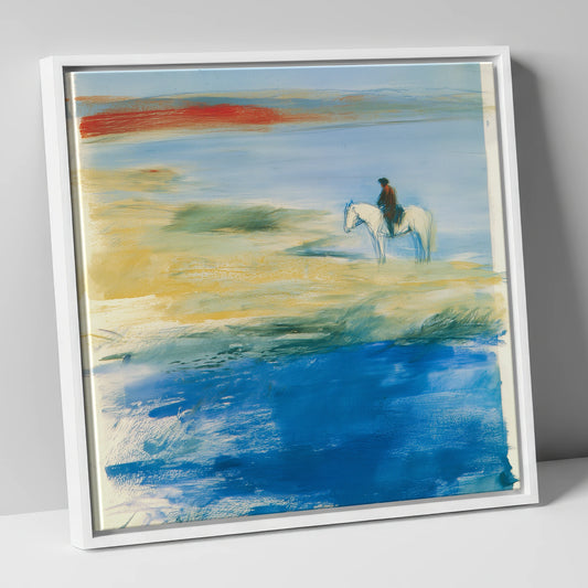Coastal Solitude beach horse canvas wall art in white frame