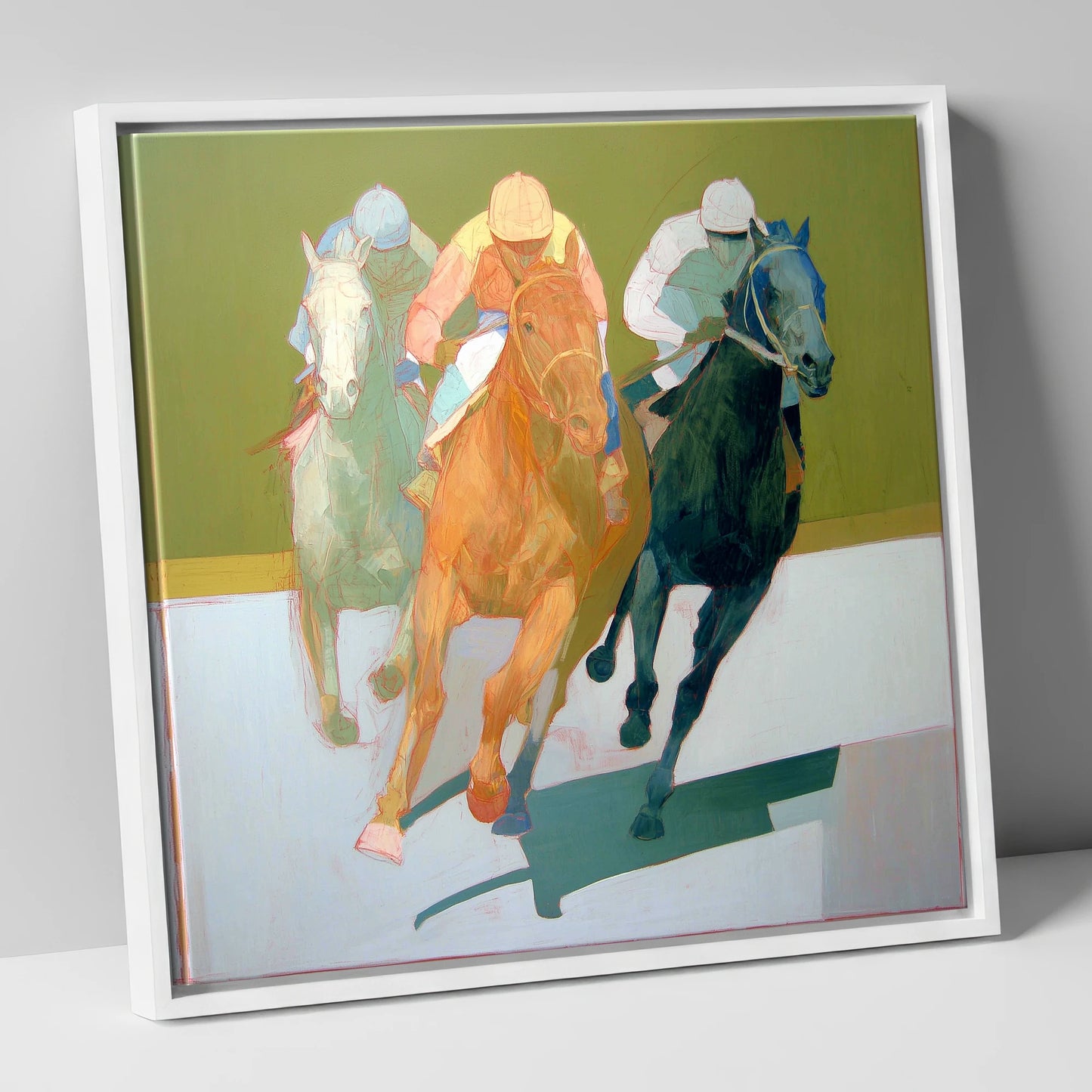 The Final Furlong racing horse canvas wall art in white frame