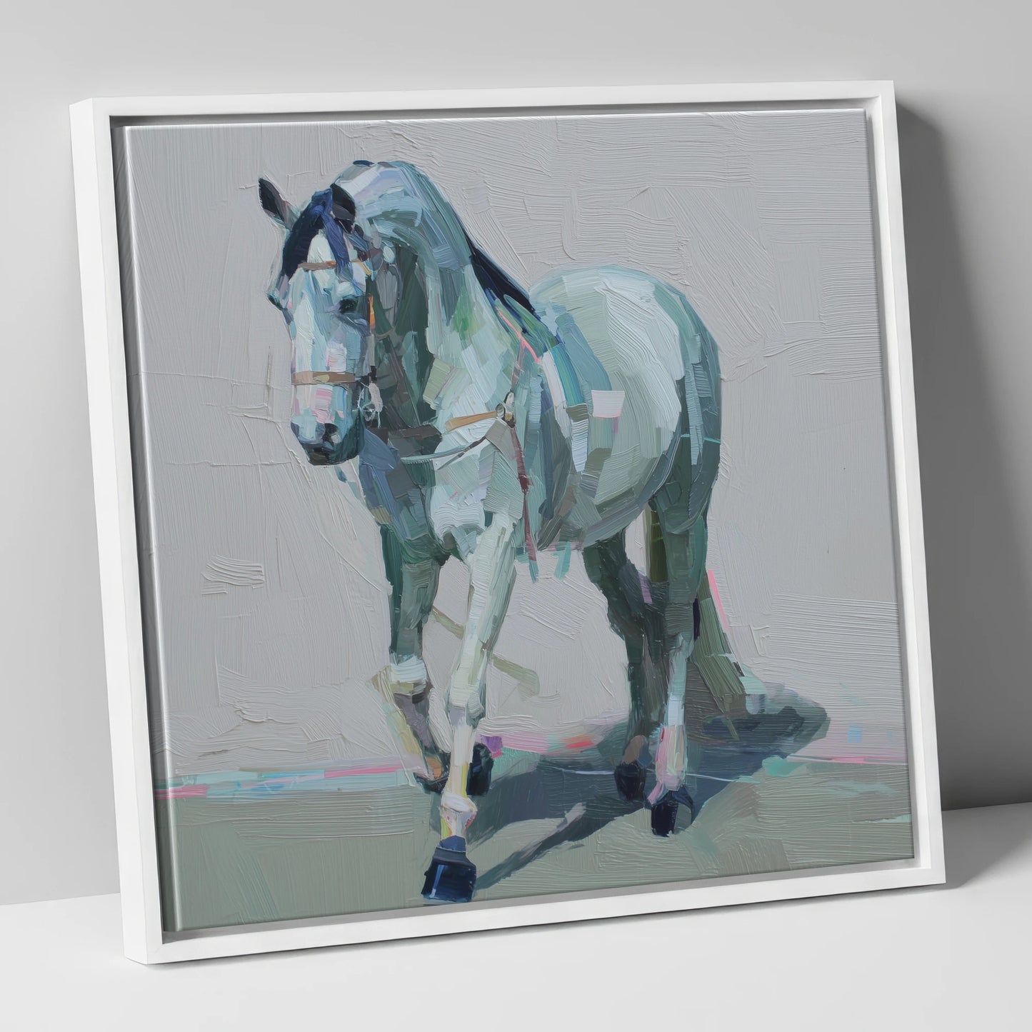 Quiet Strength in Grey horse breed canvas wall art in white frame