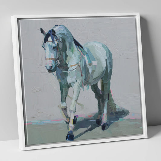 Quiet Strength in Grey horse breed canvas wall art in white frame