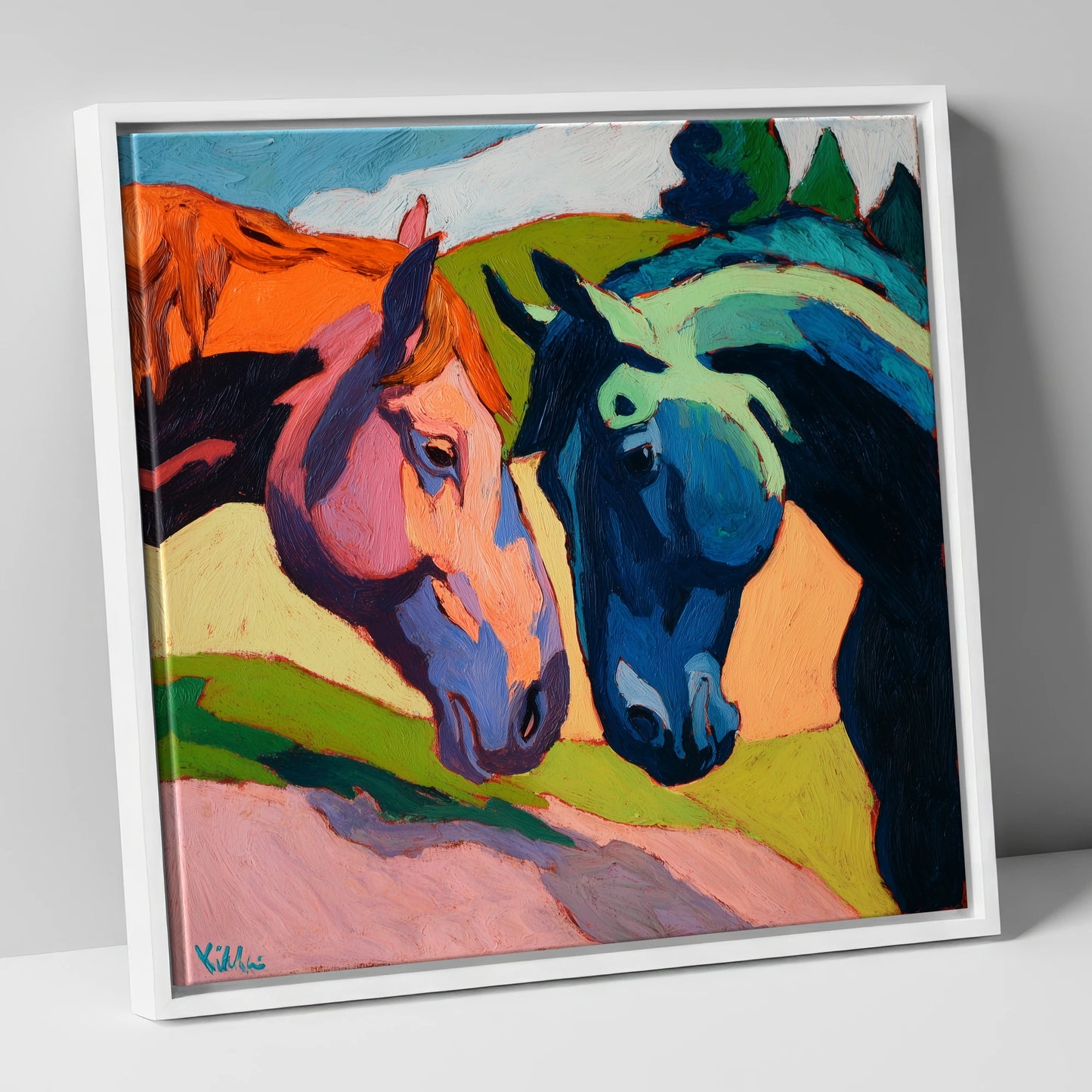 Vibrant Equine Connection horse portrait canvas wall art in white frame