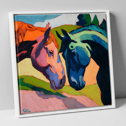 Vibrant Equine Connection horse portrait canvas wall art in white frame