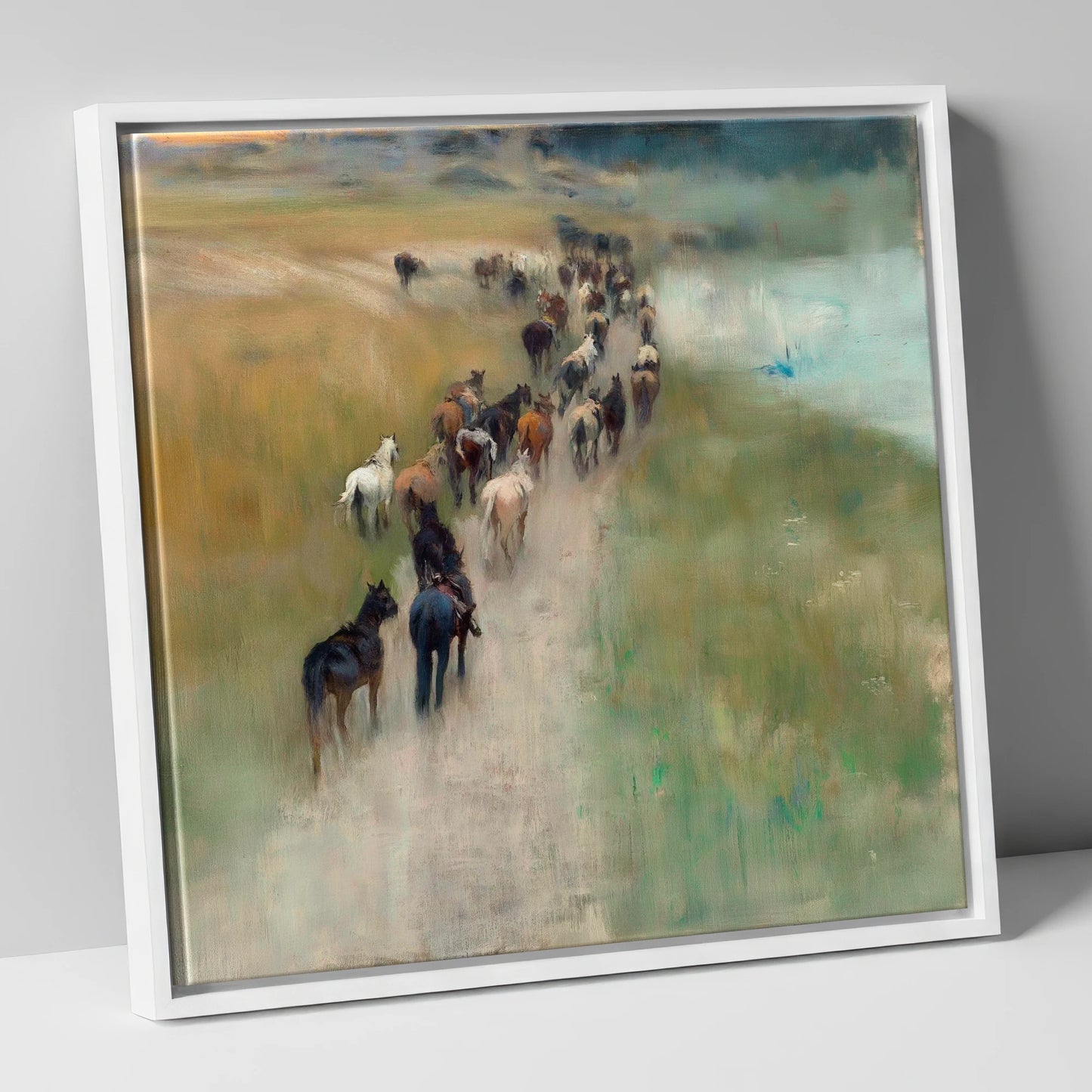 The Dusty Trail wild horses canvas wall art in white frame