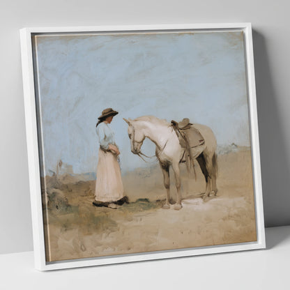 The Unspoken Bond horse & rider canvas wall art in white frame