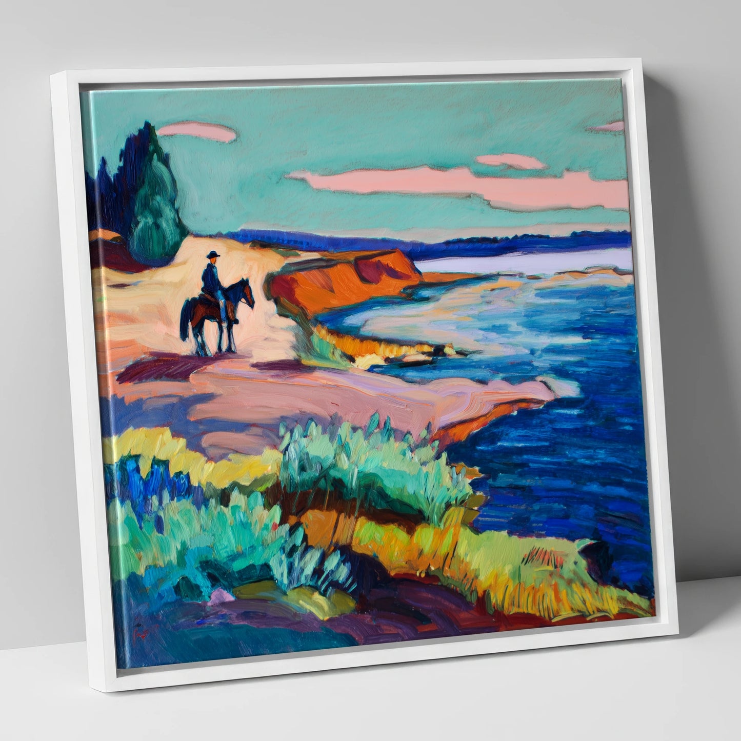 Vivid Coastal Hack beach horse canvas wall art in white frame