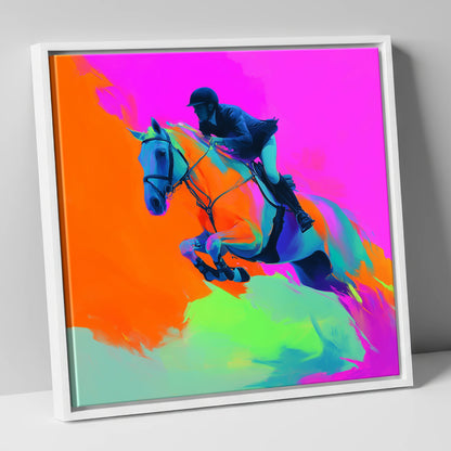 Technicolour Flight show jumping horse canvas wall art in white frame