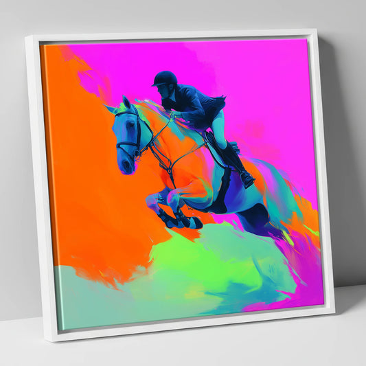 Technicolour Flight show jumping horse canvas wall art in white frame