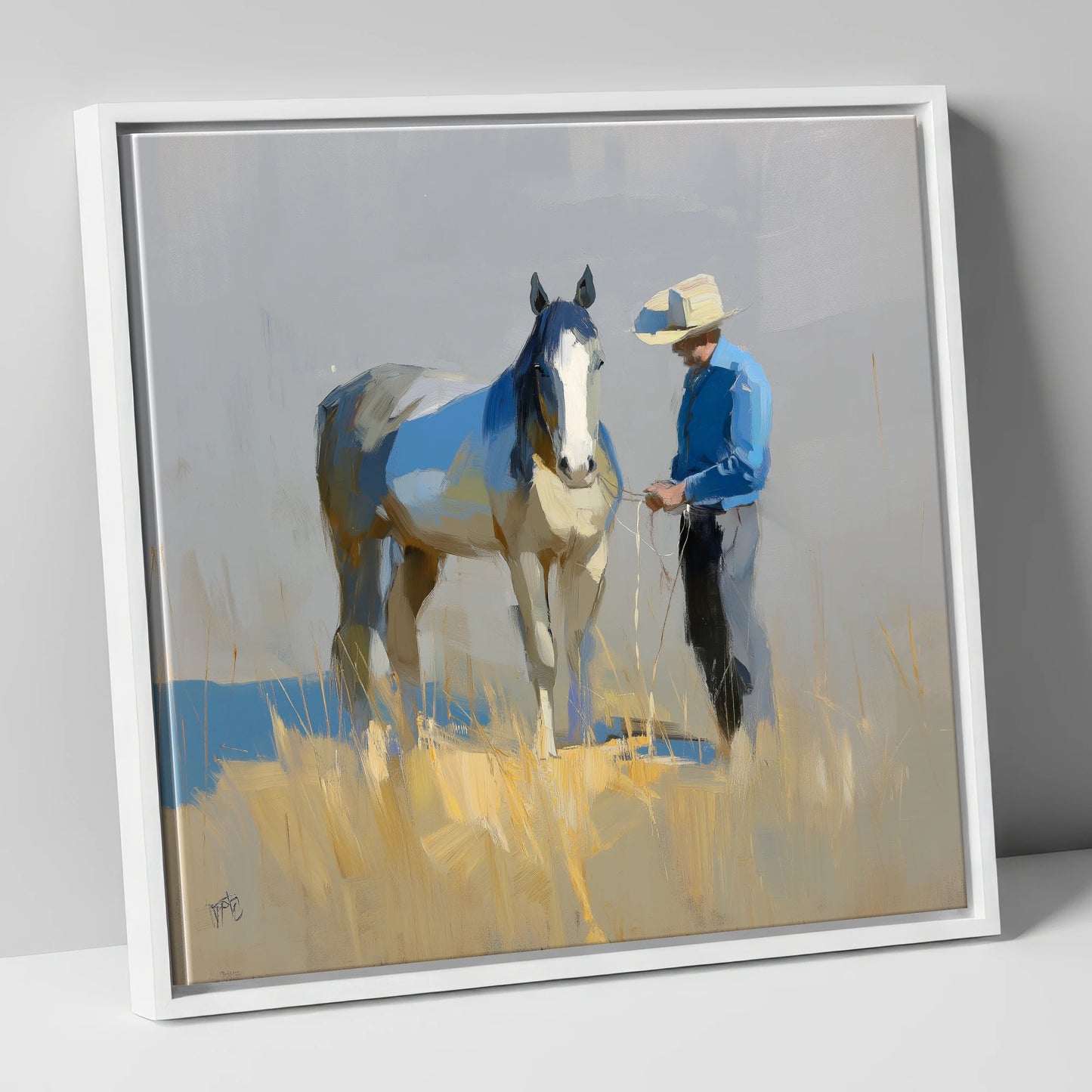 Sunlit Partnership horse & rider canvas wall art in white frame