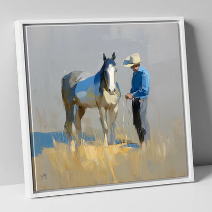 Sunlit Partnership horse & rider canvas wall art in white frame