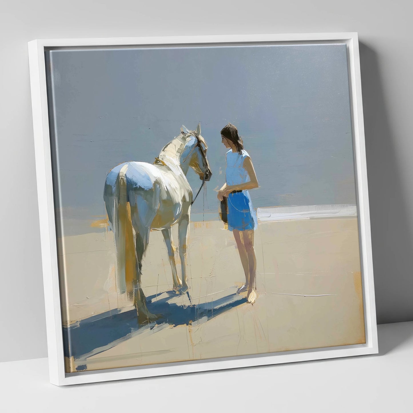 Sunlit Serenity in Blue horse & rider canvas wall art in white frame