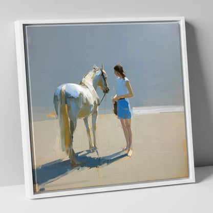 Sunlit Serenity in Blue horse & rider canvas wall art in white frame