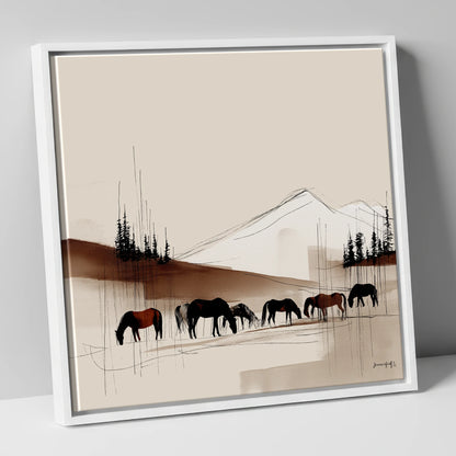 Tranquil Grazing Herd horse landscape canvas wall art in white frame