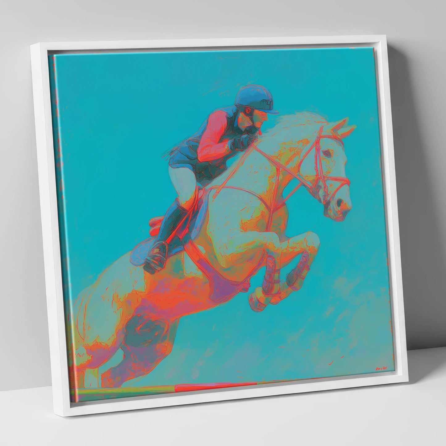 Technicolour Flight show jumping horse canvas wall art in white frame