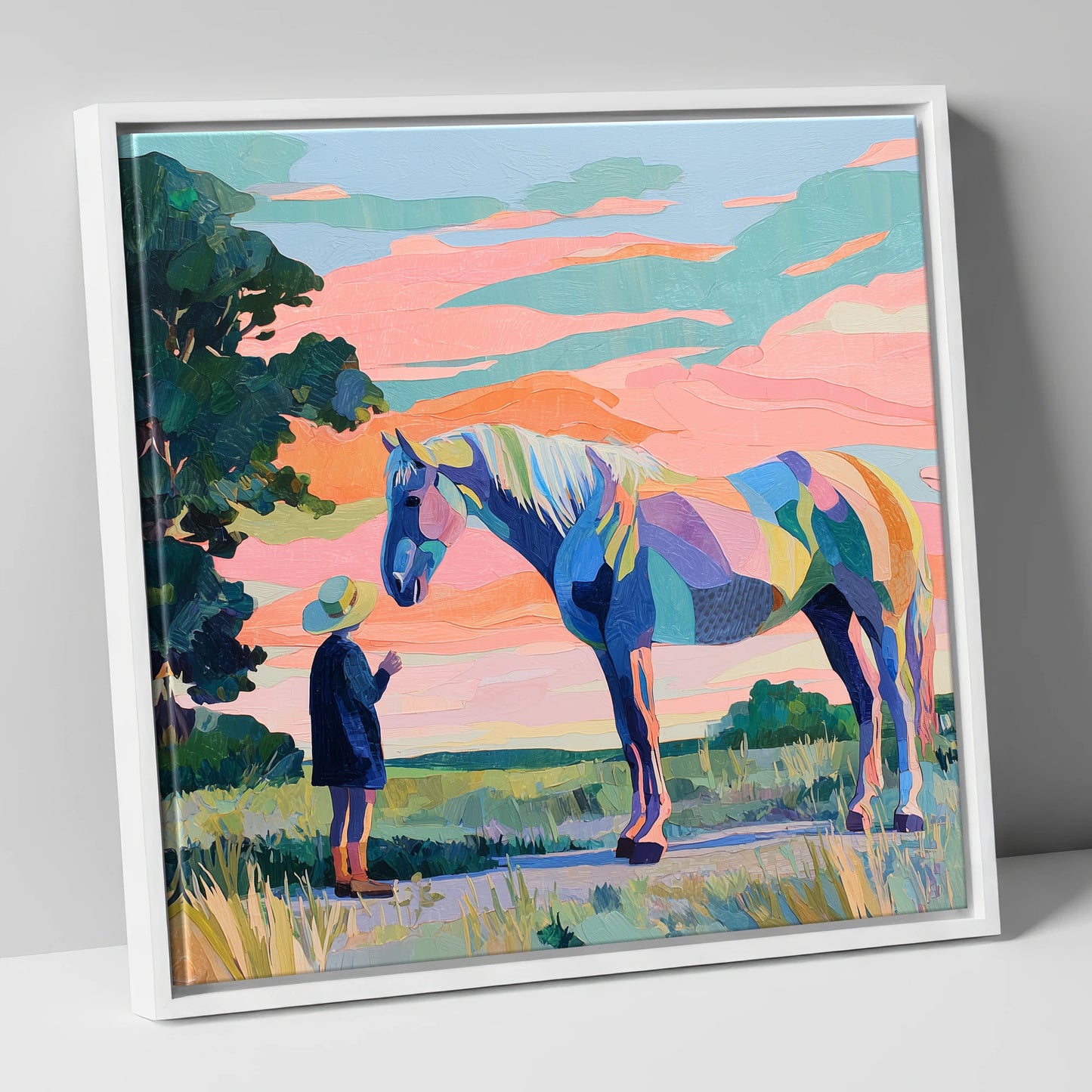 Vivid Connection horse & rider canvas wall art in white frame
