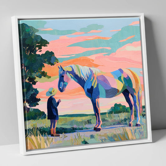Vivid Connection horse & rider canvas wall art in white frame
