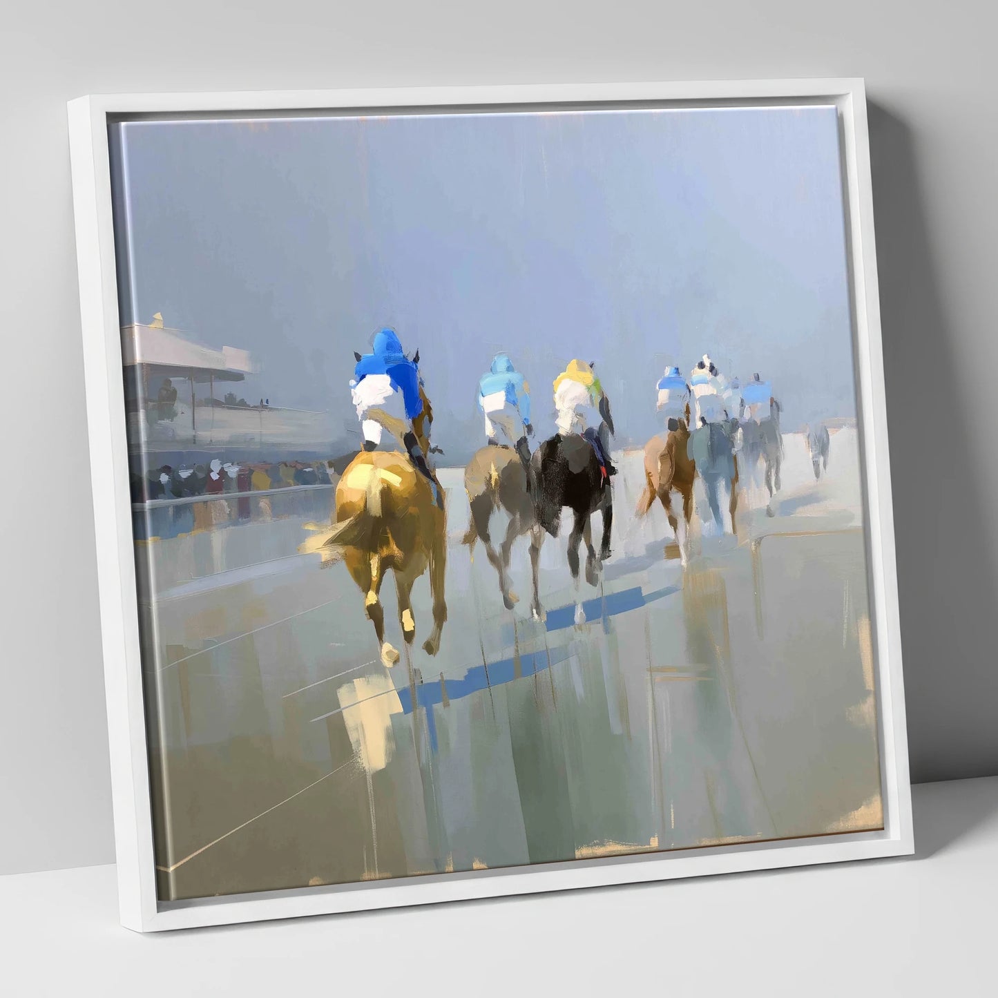 Into the Mist racing horse canvas wall art in white frame