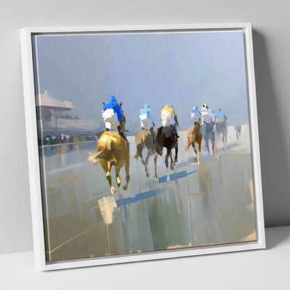 Into the Mist racing horse canvas wall art in white frame