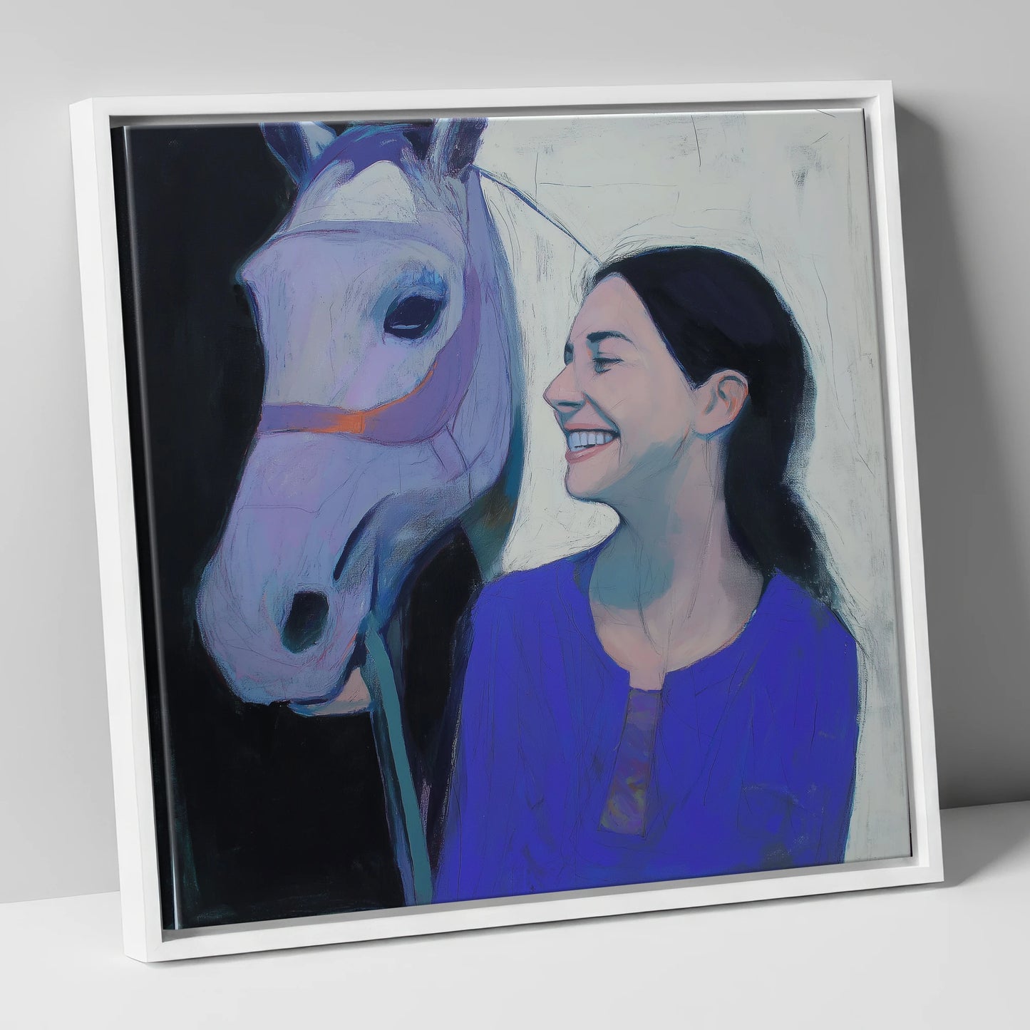 The Royal Blue Bond horse & rider canvas wall art in white frame