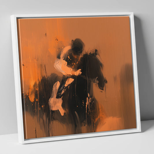 Abstract Racehorse in Burnt Orange racing horse canvas wall art in white frame