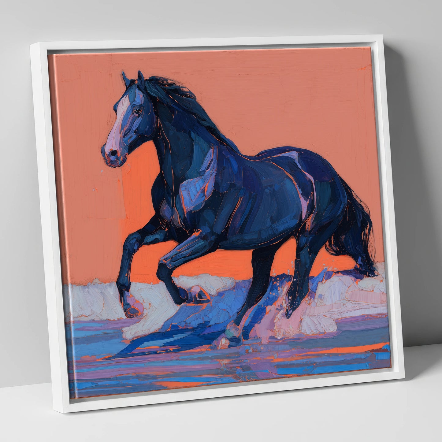 Indigo Surf Canter beach horse canvas wall art in white frame