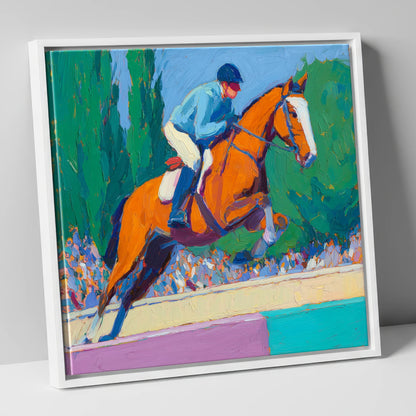 Bold Clear Round show jumping horse canvas wall art in white frame