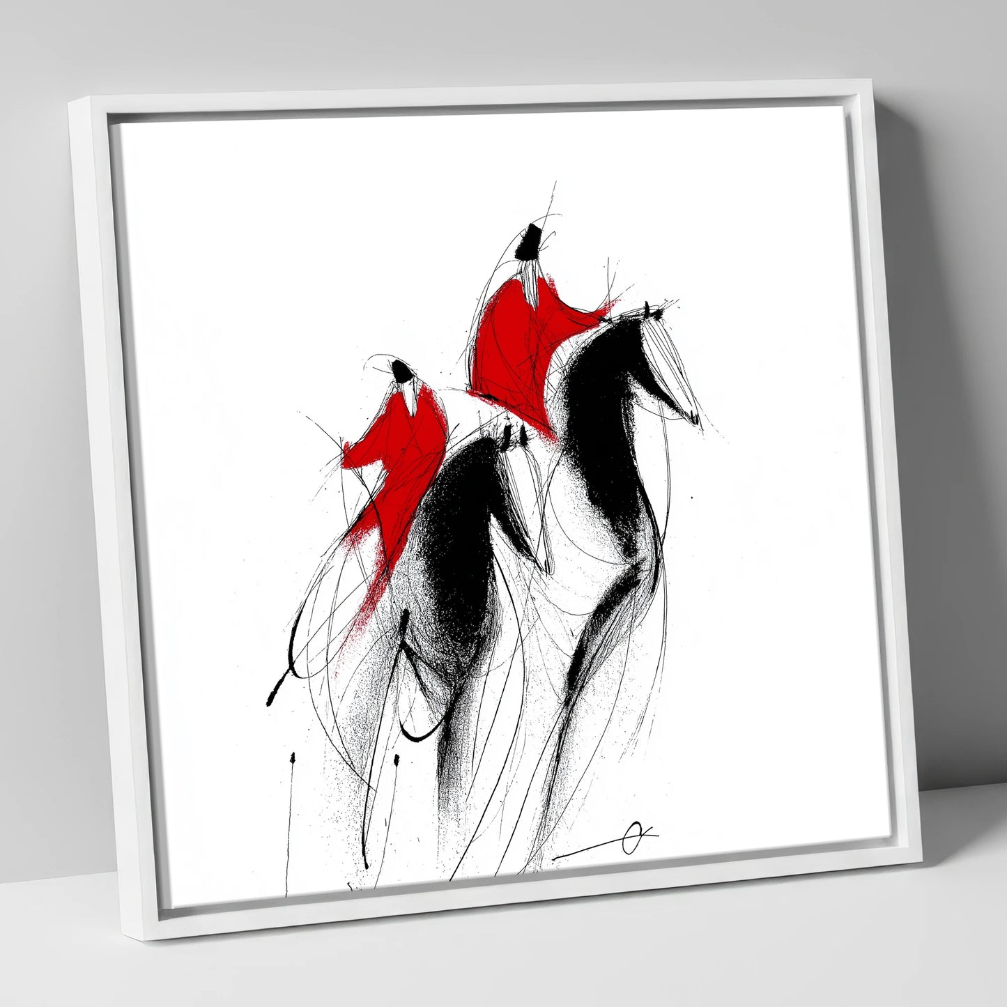 Scarlet Pursuit show jumping horse canvas wall art in white frame