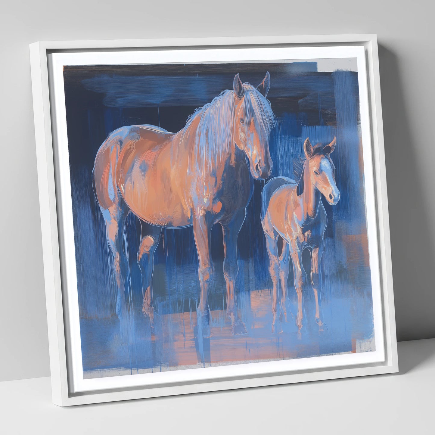 Cobalt and Apricot mare & foal canvas wall art in white frame
