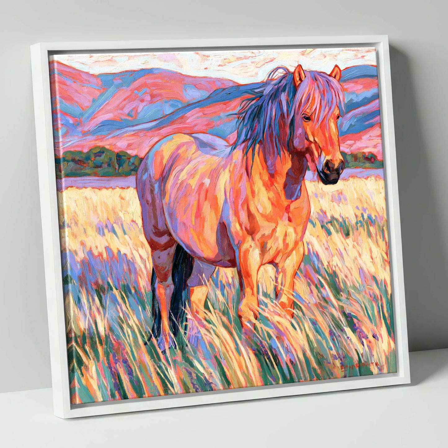 Colourful Horse in Golden Grass horse breed canvas wall art in white frame