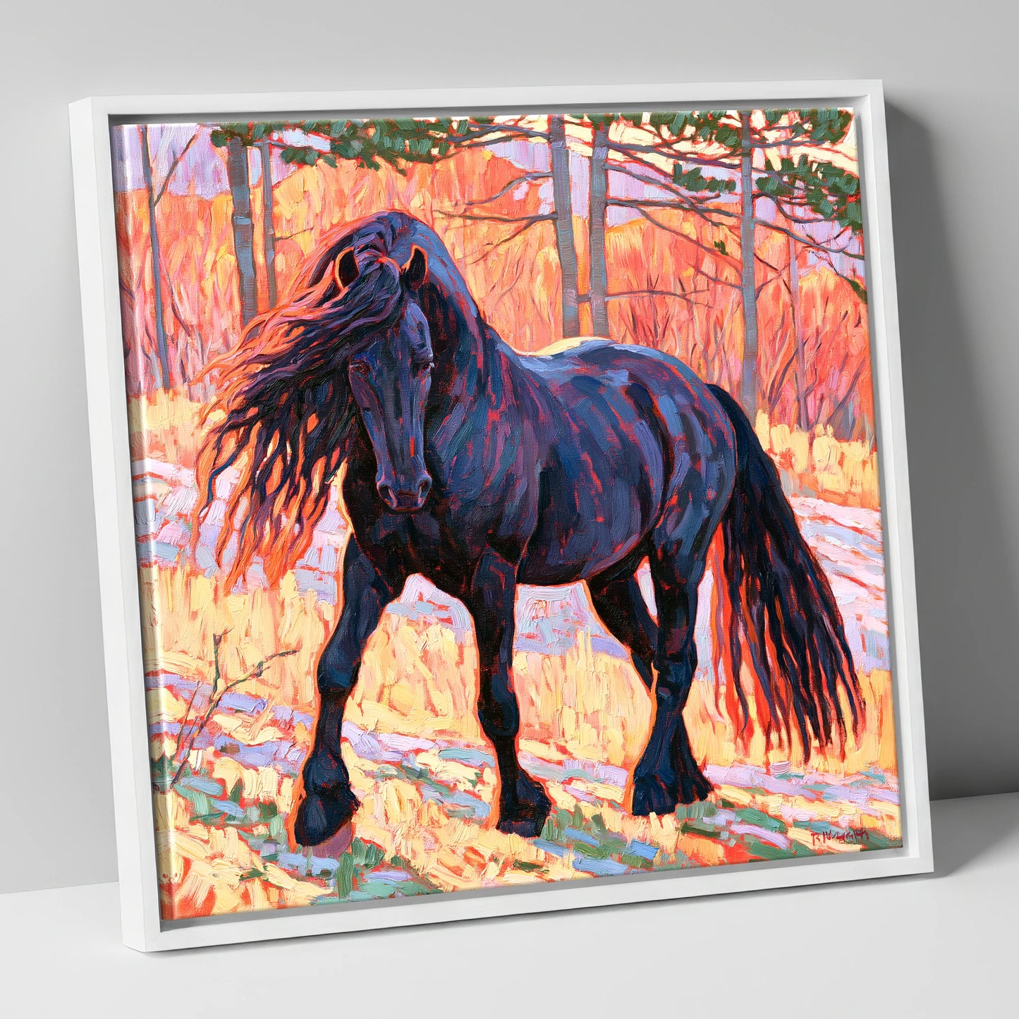 Vibrant Friesian in Sunset Woodland horse breed canvas wall art in white frame