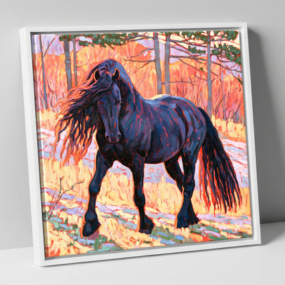 Vibrant Friesian in Sunset Woodland horse breed canvas wall art in white frame